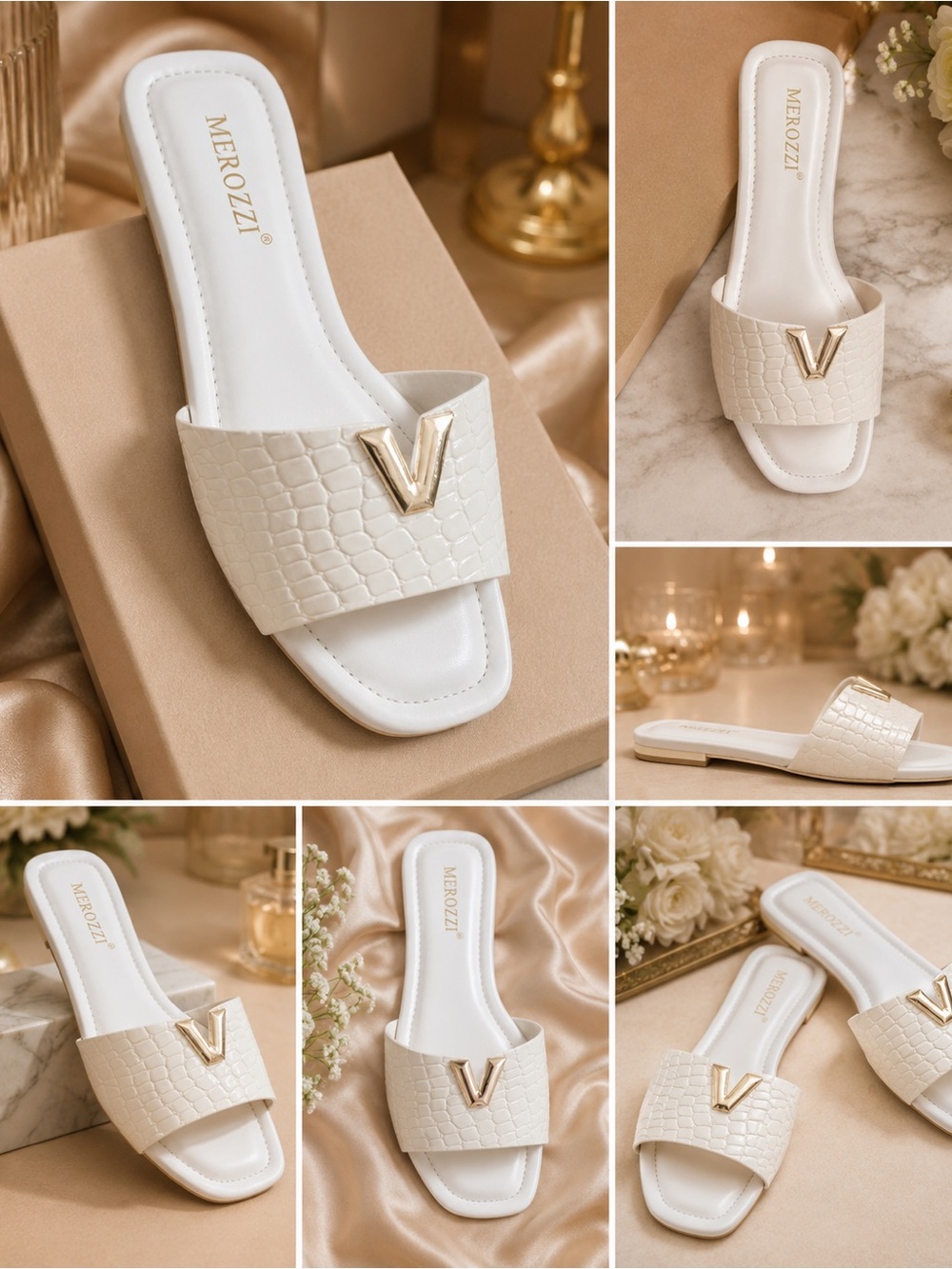 Merozzi Women's Cream Croc-Embossed Slide Sandals with Gold V Accent